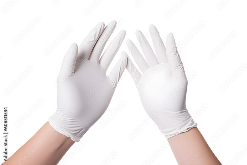 Two hands in white surgical medical gloves isolated on white background. Human hands wearing latex gloves while making rubber gloves Two hands in white surgical medical gloves isolated on white background. Human hands wearing latex gloves while making rubber gloves
