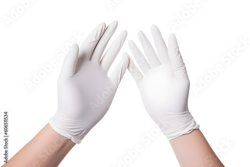Two hands in white surgical medical gloves isolated on white background. Human hands wearing latex gloves while making rubber gloves © VIX