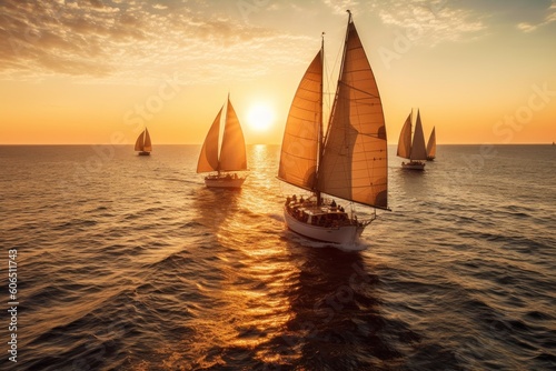 A group of sailboats sailing in the ocean at sunset. Generative AI image. photo