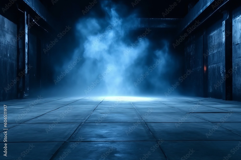 asphalt abstract dark blue background, empty dark scene, neon light, spotlights The concrete floor and studio room with smoke float up the interior texture for display products, Generative AI