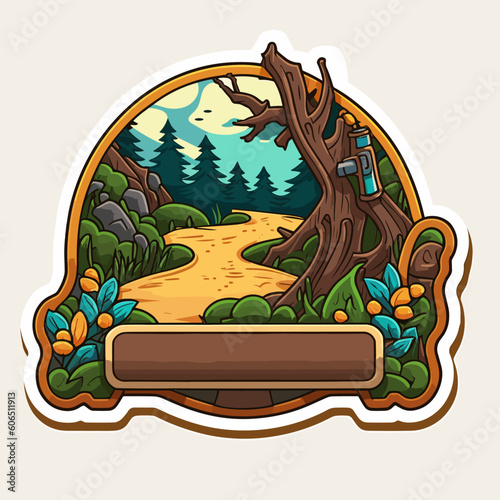 A trip to the countryside. Travelling through the forest. Geocaching treasure hunt among the trees. Cartoon vector illustration. label, sticker