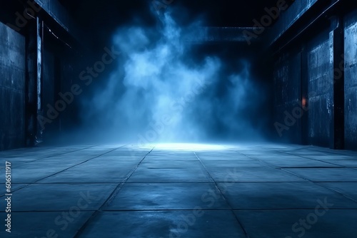 asphalt abstract dark blue background, empty dark scene, neon light, spotlights The concrete floor and studio room with smoke float up the interior texture for display products, Generative AI