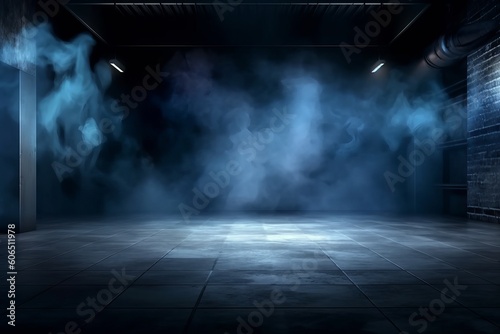 abstract dark blue background, empty dark scene, neon light, spotlights The concrete floor and studio room with smoke float up the interior texture for display products, Generative AI