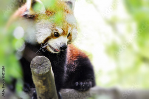Adorable red panda resting on a tree. photo