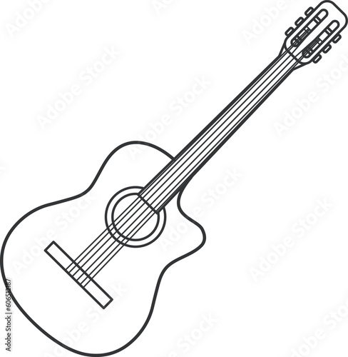 Green acoustic guitar icon.  Illustration in outline  style. 70s retro vector design.