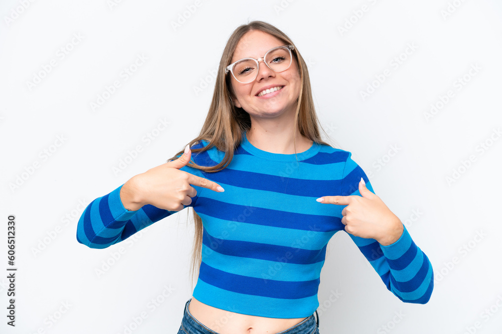 Young beautiful blonde woman isolated on white background proud and self-satisfied Young beautiful blonde woman isolated on white background proud and self-satisfied