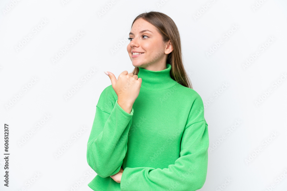 Young beautiful blonde woman isolated on white background pointing to the side to present a product Young beautiful blonde woman isolated on white background pointing to the side to present a product