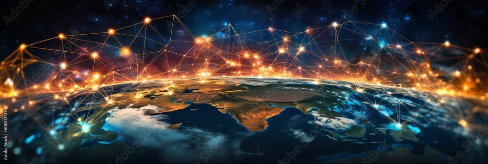 Concept of communication network technology for internet business. World of global network and telecommunication on earth cryptocurrency, IoT and blockchain, Generative AI