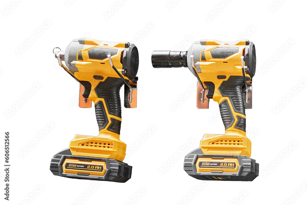 A professional tool for work, repair and construction in the store, isolated on white background. Sale of wired power tools and battery powered equipment in the shop A professional tool for work, repair and construction in the store, isolated on white background. Sale of wired power tools and battery powered equipment in the shop