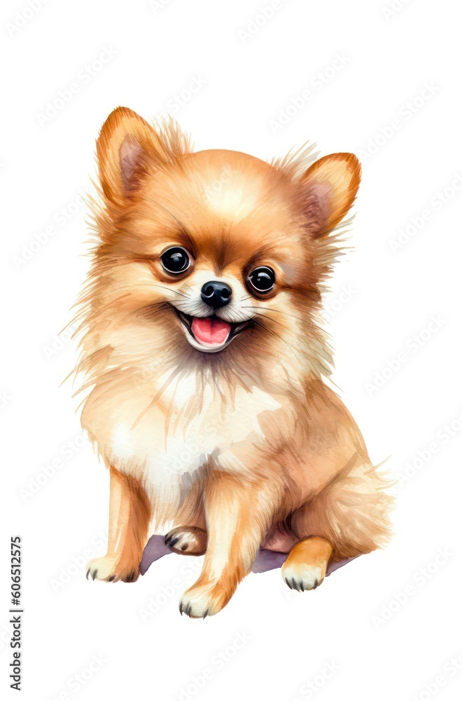 Cute Pomeranian Spitz puppy on white background, watercolor illustration. Generative AI.