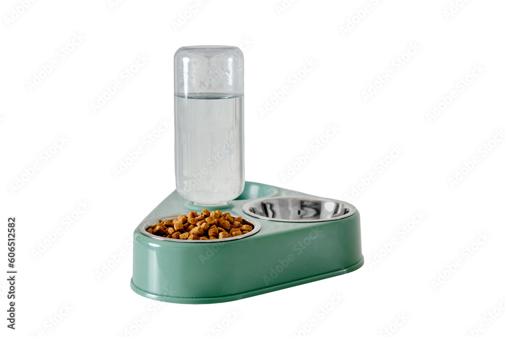 A bowl of dry cat food on the background of a white brick wall, isolated on white background. Green triple plate with water for a pet, close-up A bowl of dry cat food on the background of a white brick wall, isolated on white background. Green triple plate with water for a pet, close-up