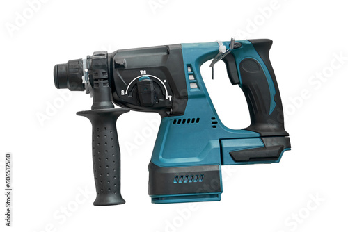 A professional tool for work, repair and construction in the store, isolated on white background. Sale of wired power tools and battery powered equipment in the shop