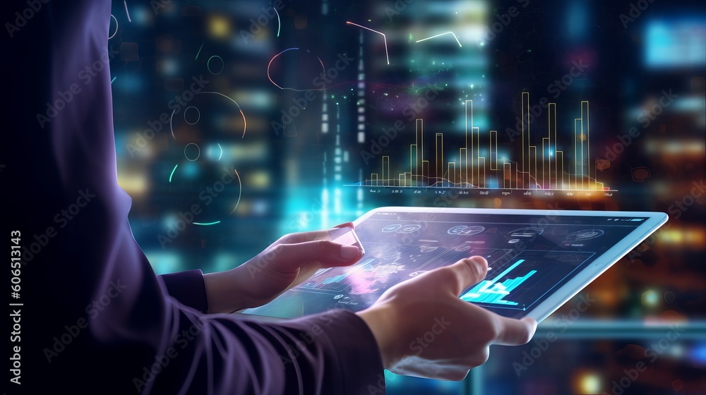 Fotografie Businessman using tablet analyzing sales data and economic growth graph chart, T