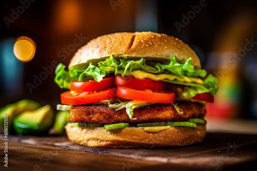 crispy tofu burger with fresh lettuce, tomato, and avocado on a toasted bun