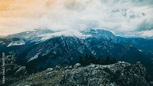 Dark mountain in the rain. A dark mountain during a storm. Mountain top in the dolomites.