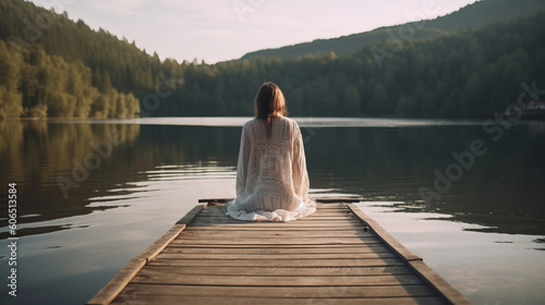 Young woman meditating outdoors by the lake. Calm morning meditation by the lake. Generative AI