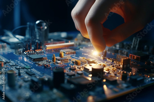 Seamless Integration: Hand Placing Chip on Motherboard - Perfect Image for Tech, Electronics, and Innovation Concepts