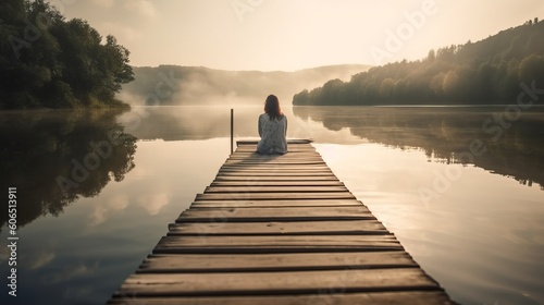Young woman meditating outdoors by the lake. Calm morning meditation by the lake. Generative AI © senadesign
