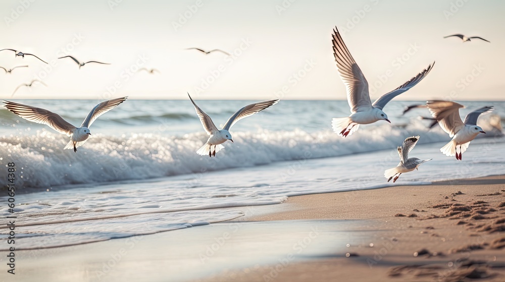 Φωτογραφία a flock of seagulls flying over a beach next to the ocean with waves crashing in on the shore and a person standing on the beach