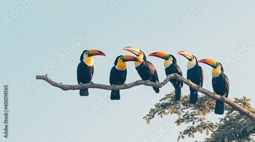  a group of birds sitting on top of a tree branch in a tree branch lined with leaves and a blue sky in the back ground.  generative ai photo