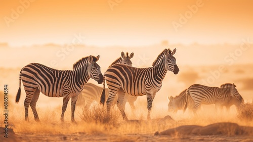  a group of zebras standing in a field at sunset or dawn with dust blowing in the air and dust blowing in the air behind them.  generative ai