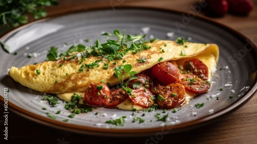 cooked chorizo omelette garnished with herbs on a white plate photo