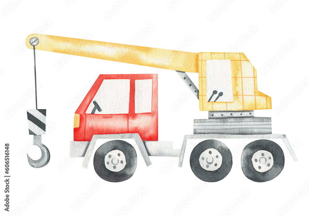 A watercolor illustration of a cute construction truck. Cliparts for kids. Construction truck, car. Boy. Perfect for baby products, posters, invitations, cards, kids room, fabric.