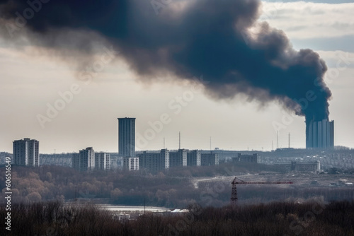 Missile strike. Black smoke over the city. Created with Generative AI technology.