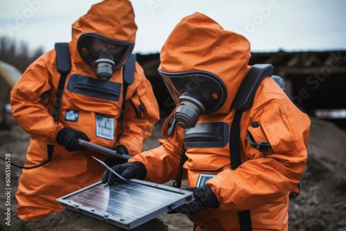 Measuring radiation by people in high-tech suits. Created with Generative AI technology. photo