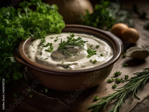 Crème fraîche in a ceramic bowl, garnished with fresh herbs