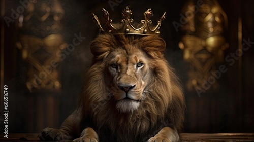 a lion with a crown sitting on top of a table