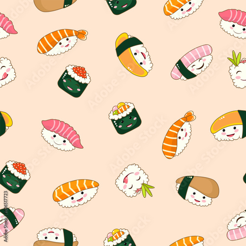 Cute funny asian japanese sushi character seamless pattern.
