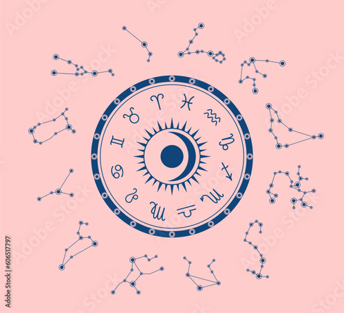 Zodiac circle with zodiac constellations around on pink background. Vector illustartion in flat style