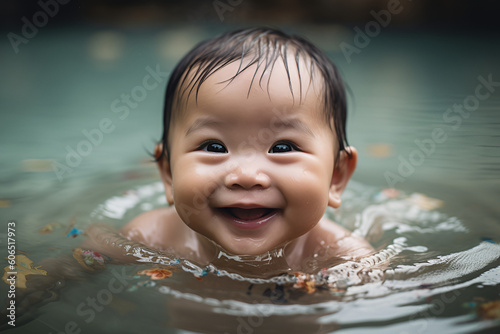 Newborn baby smiling in clear water. Generation AI