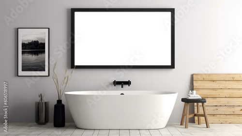 Bathroom design with a bathtub in the center in a minimalist style, Generated AI