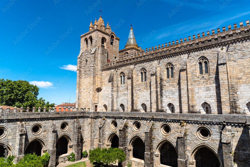 Cathedral of Evora and cloister a sunny blue sky day of summer. Alentejo, Portugal