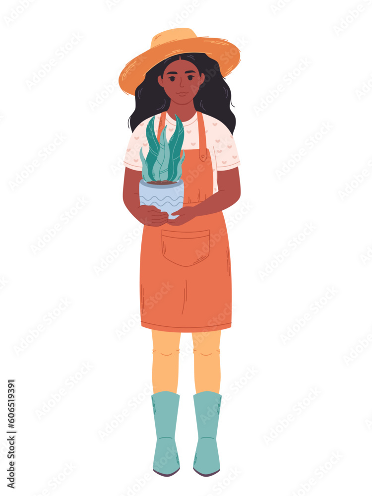 Black woman gardener with potted house plant. Gardener, florist, farmer, botanics, seller in a flower shop. Vector illustration in flat style Black woman gardener with potted house plant. Gardener, florist, farmer, botanics, seller in a flower shop. Vector illustration in flat style