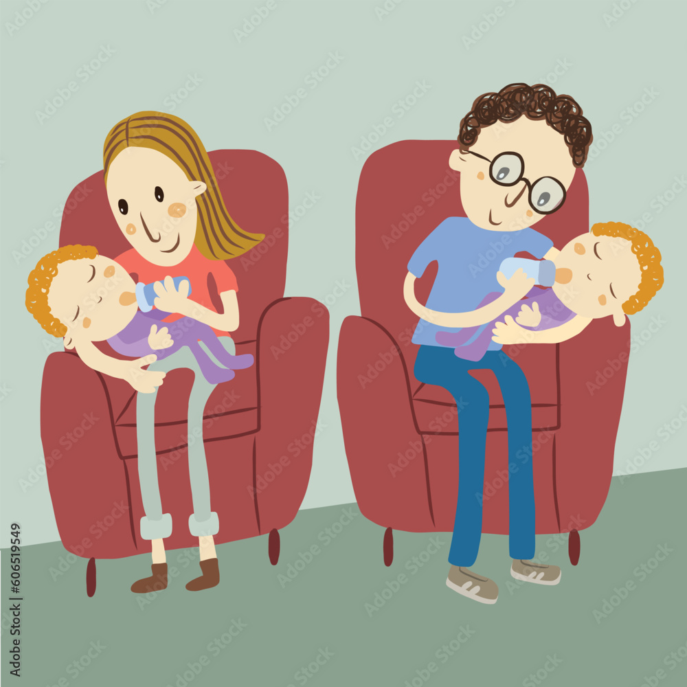 Vector illustration of a mother and father feeding their twin babies Vector illustration of a mother and father feeding their twin babies