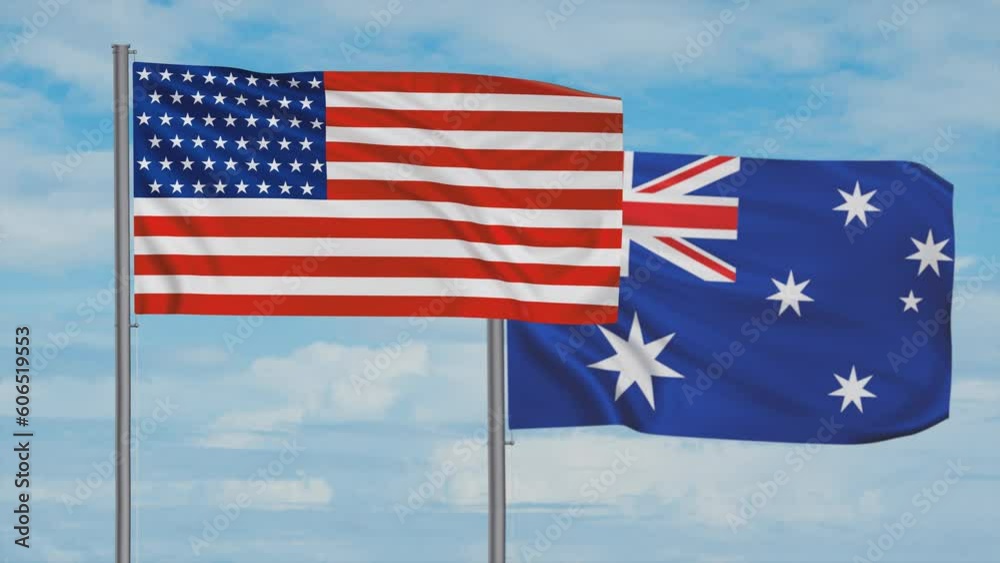 Australia flag and USA flag waving together on blue sky, looped video, two country cooperation concept