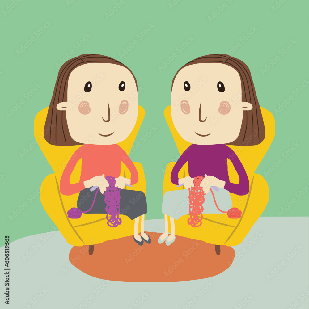 Vector illustration of two twins sitting knitting crochet Vector illustration of two twins sitting knitting crochet