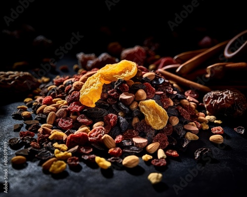 cacao nibs mixed with dried fruits and nuts on a dark surface © bartjan
