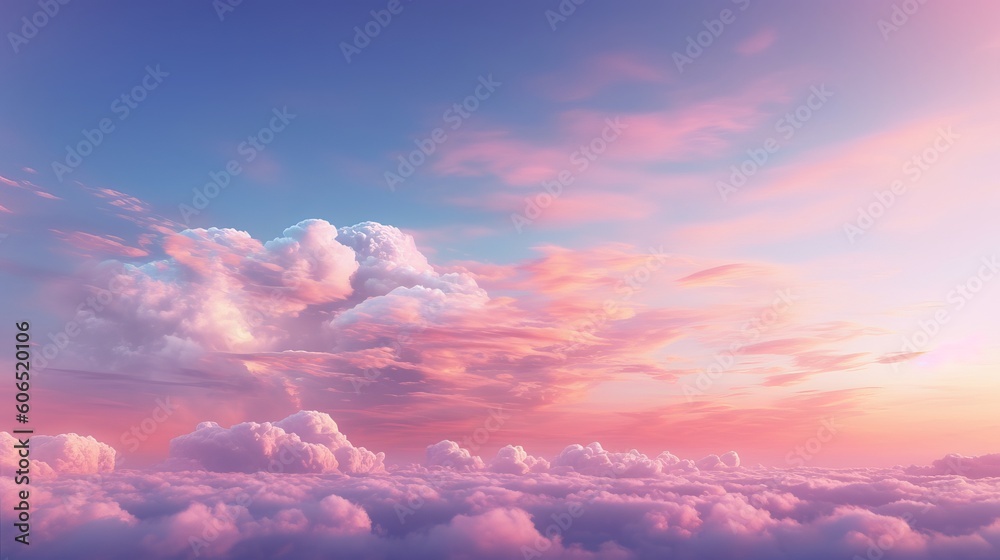 light soft panorama sunset sky background with pink clouds - sunset over the clouds - sky and clouds - pink clouds in the sky - clouds and sun rays, Generative AI