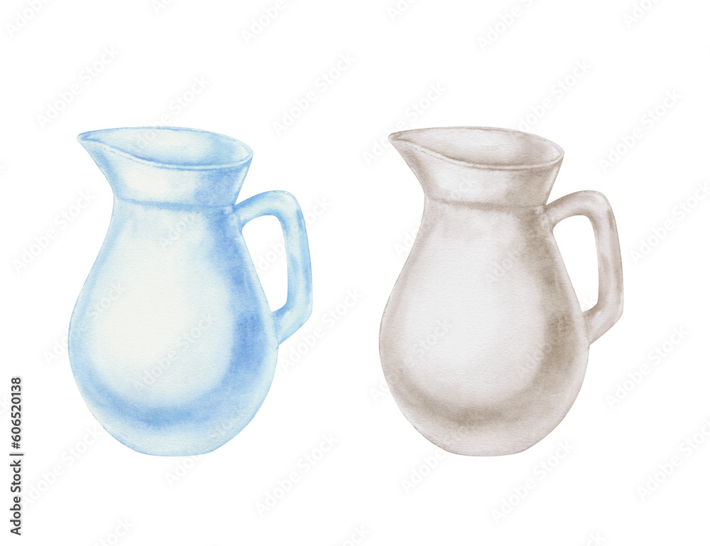 Watercolor jug isolated on a white background. Hand drawn watercolor jug Watercolor jug isolated on a white background. Hand drawn watercolor jug