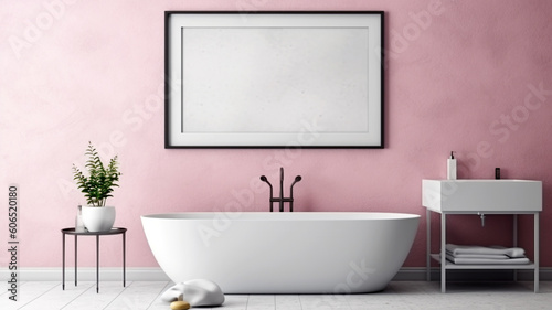 Bathroom design with a bathtub in the center in a minimalist style, Generated AI