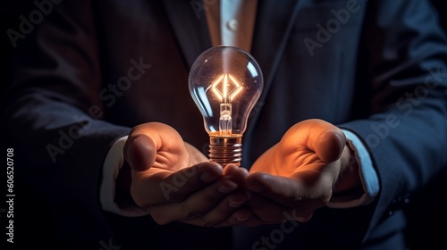 Innovative idea in businessman hand, light bulb in the hands of the professional businessman, businessman holding light bulb, Generative AI