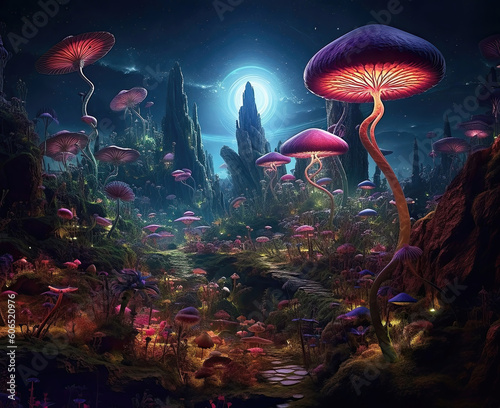 Glowing mystical mushrooms on a dark background.
