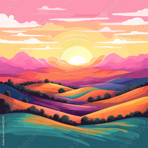 Tranquil Harmony: Rolling Hills and Colorful Sunset