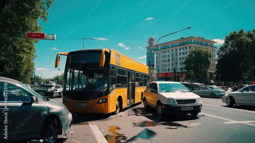  passenger yellow bus and car among the wreckage after an accident on the road. accident and life insurance concept. Generative AI