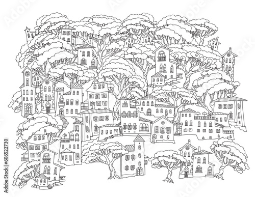 Fantasy landscape with Fairy tale Mediterranean town on a hill, pine trees forest. Coloring book page