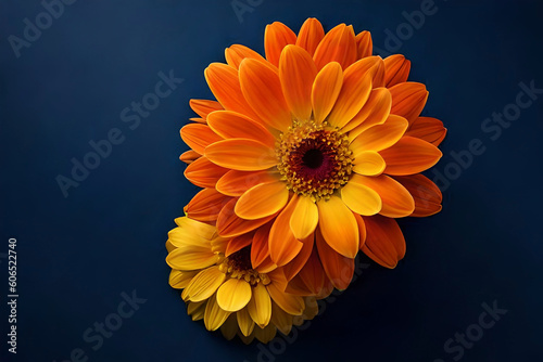 Top view, Orange marigold head on deep blue background, flat lay